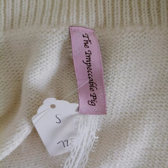 The Impeccable Pig Women's Ivory Open Front Pockets Crochet Vest Size Small - Picture 6 of 7